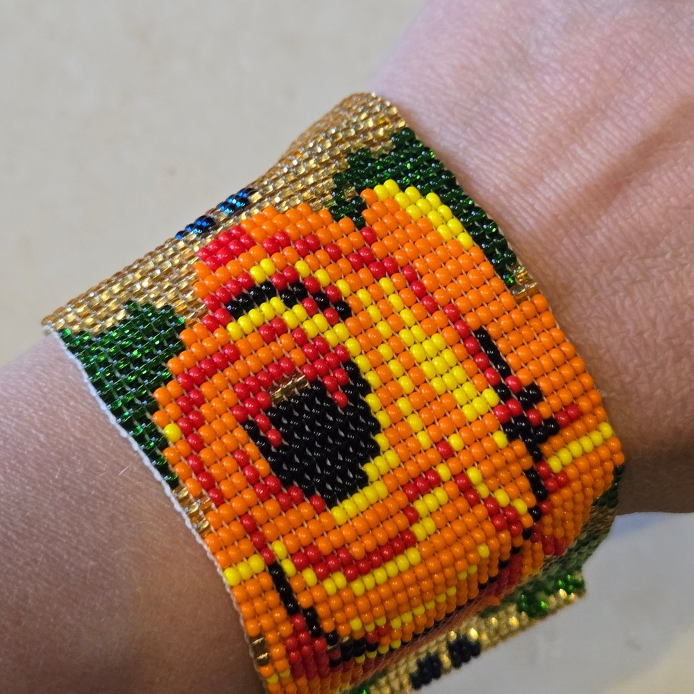 Handmade Beaded Floral Cuff Bracelet Gold Orange Rose Loom Woven Boho Statement - Picture 2 of 3